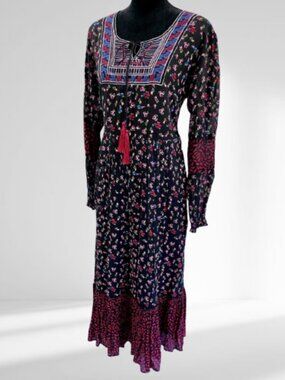 Pyramid Collection Prairie Boho Maxi Dress Embroidered Long Sleeve Rayon LARGE